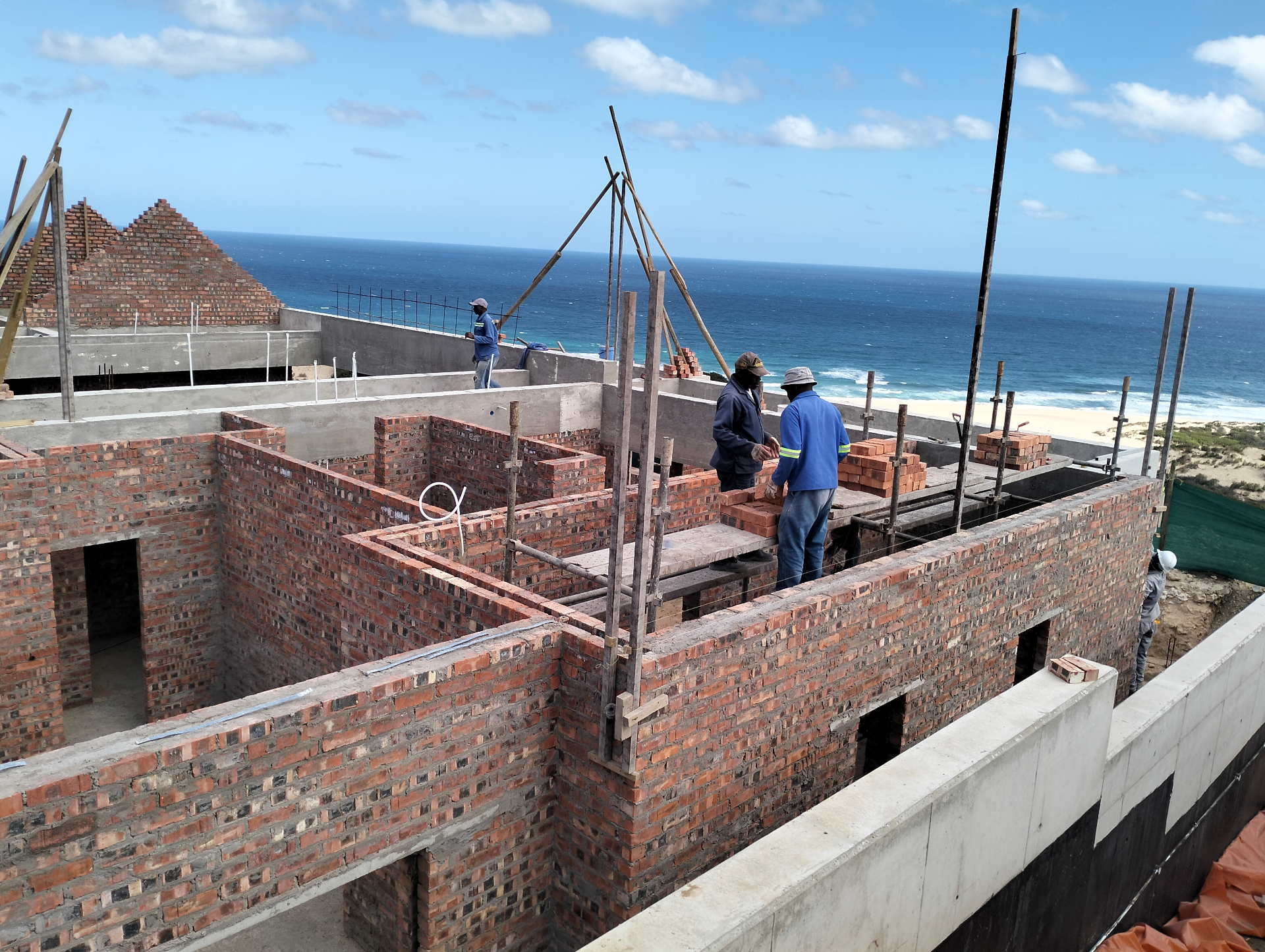 Brickwork in progress with ocean view